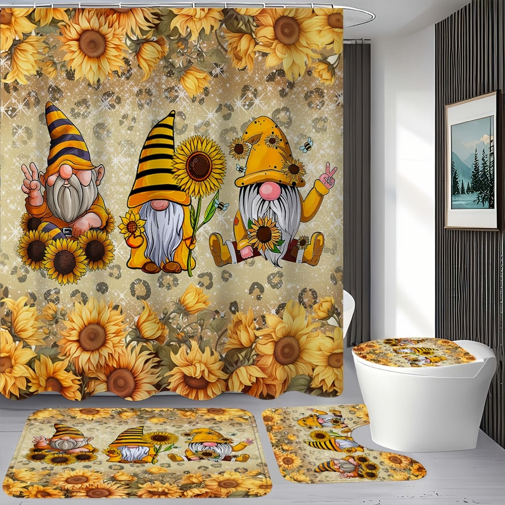 TEMU 1-4pcs Sunflower, Set Of 3 Dwarf Patterned Shower Curtains, Including Waterproof Shower Curtains, Non Slip Floor Mats, Toilet Seat Covers, And