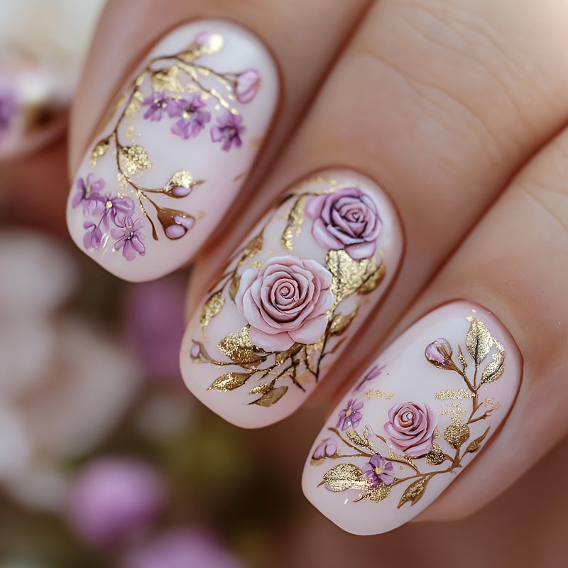 TEMU A Set Of 24 Romantic Press-on Nails For And Summer , Featuring Designs With And Violet Floral Patterns. Glossy Medium-short Fake Nails Are
