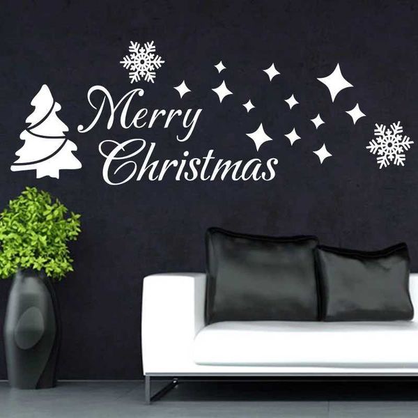Merry Chritmas Tree Wall Stcikers Winter Snow Large Wall Decals Window Cling Quotes Star Removable Vinyl Art DecorationXJ241114