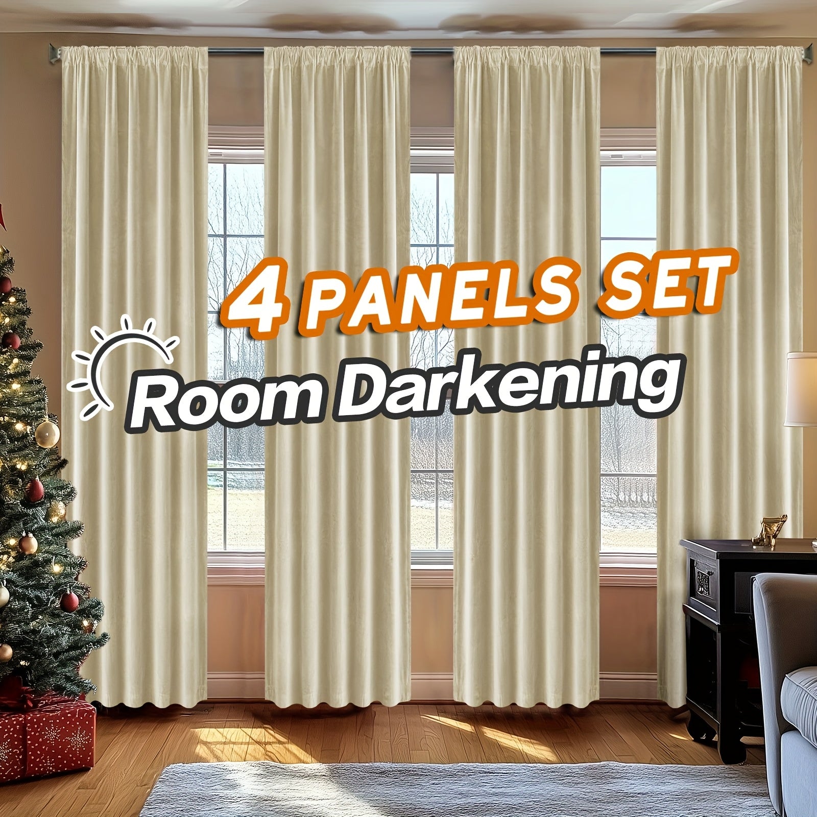 TEMU 4pcs Light Filtering Room Darkening Velvet Curtains For Living Room Jinchan Drape For Bedroom Stylish Design Super Soft Privacy Drape, Rod