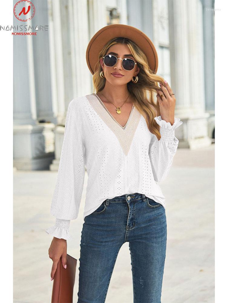 Women&#039;s Blouses Fashion Women Solid Color Blouse Hollow Out Design Lace Decor V-Neck Long Sleeve Spring Autumn Loose Pullovers Top