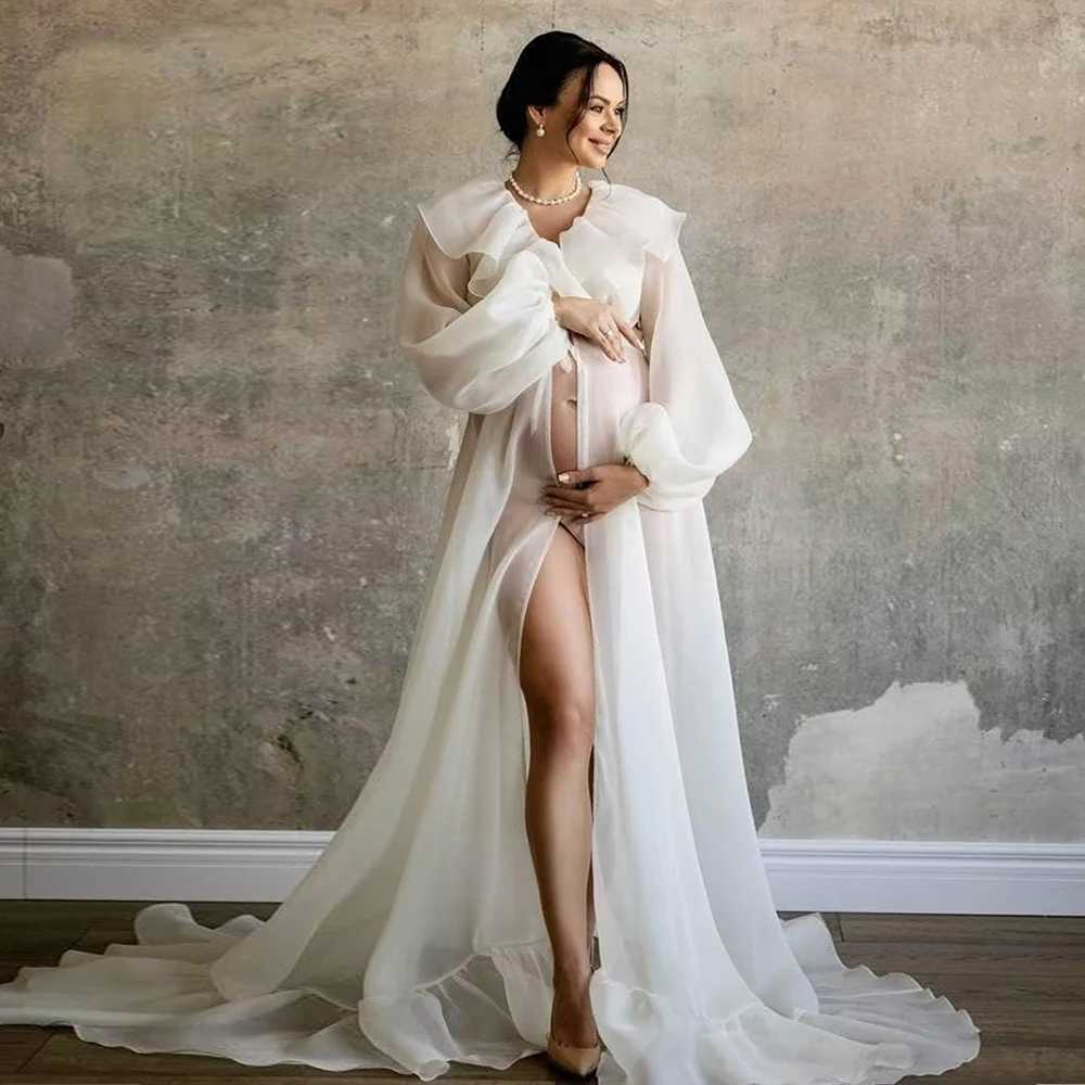 Pregnant womens photo shoot long chiffon dress with ruffled collar and lantern sleeves wearing a tie for baby showers W241211