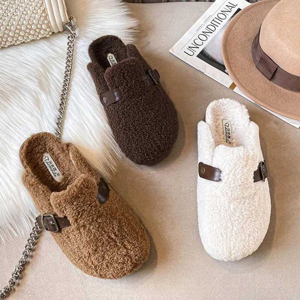 Slipper High quality sheepskin slider womens round toe buckle belt buckle pantuflas womens cork winter slider womens fur slider Y2411221SAF