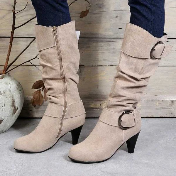 Casual Shoes 2024 Hot Sale Shoes Female Side Zipper Womens Boots Winter Round Toe Suede Solid High Tube Stilettos or Thin Heels Knight Boots