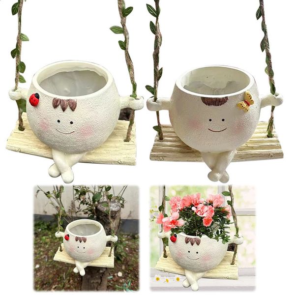 Planters Pots Swing Smile Face Planter Resin Smiling Flower Pot Creative Hanging Chair for Indoor Outdoor Plant 241210 S2412216