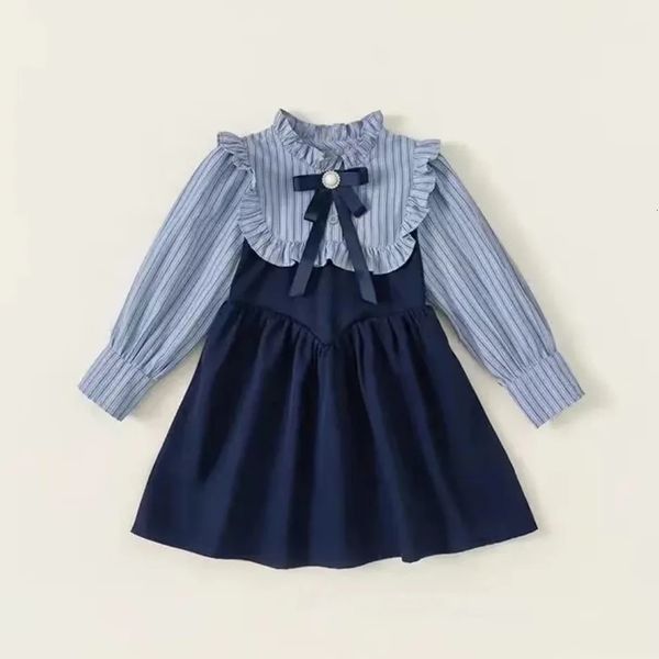 Spring childrens vacation two-piece dress with turtle collar striped long sleeved baby girl dress casual patchwork bow childrens girl dress