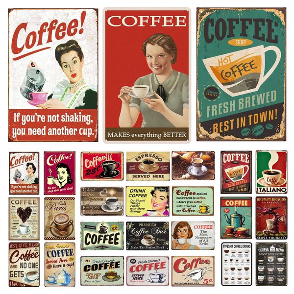 Coffee Metal Tin Signs Vintage Plaque Metal Plate Retro Wall Art Posters for Cafe Kitchen Bar Pub Clubs Iron Painting DecorationXJ241010