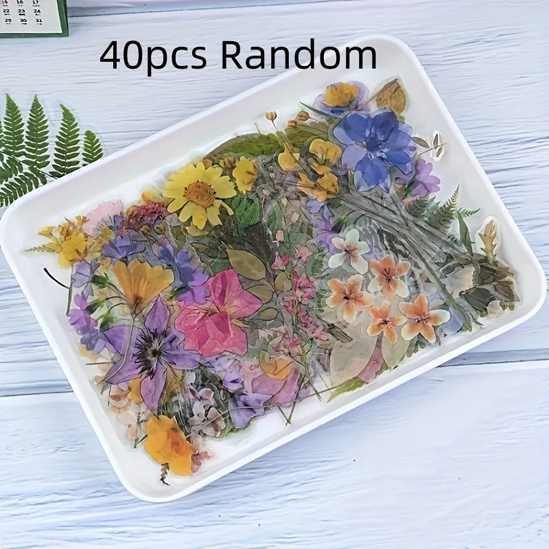 TEMU 40pcs Floral And Plant Stickers For Scrapbooking, Journaling, Diy Crafts - Mixed Colors, Reusable Self-adhesive Plastic Stickers With Shiny