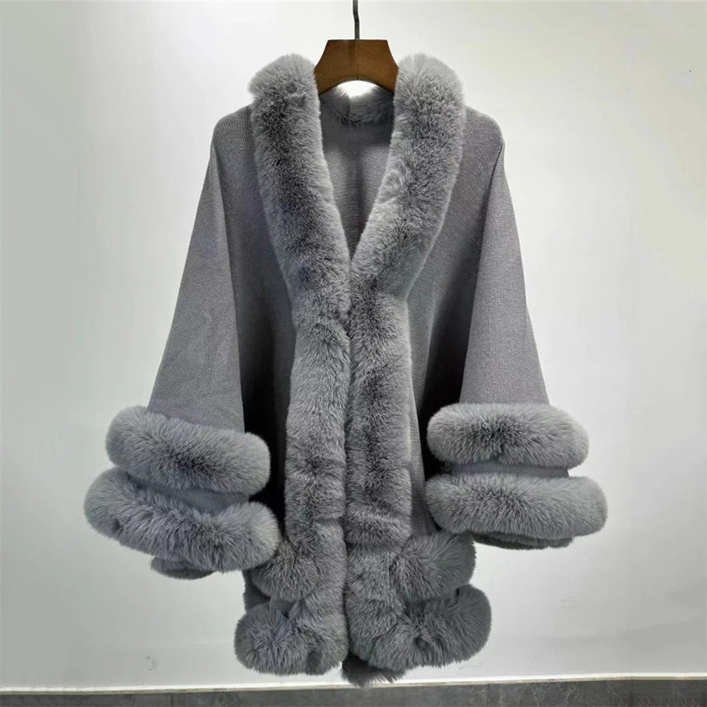 Womens thick and warm cashmere raincoat shawl 2-loop synthetic fur collar large bell swing shawl loose coat cape winter 241212