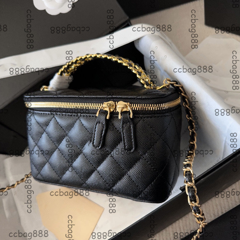 10Colors Caviar Leather Lipstick Zipper Trunk Makeup Box Bag With Letter Hand Mirror Card Holder Gold Hardware Matelasse Chain Crossbody Cosmetic Ca