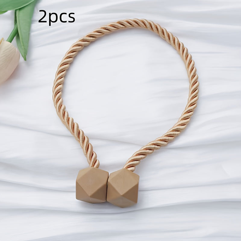 TEMU 2pcs Boho Style Magnetic Curtain Tiebacks - , No Drilling Required, Stylish Polyester Holdbacks In Geometric & Hexagonal Designs For Home Decor,