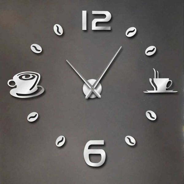 27-37-47 inch wall clock coffee cup shaped frameless wall clock DIY quartz needle watch acrylic mirror wall sticker paper home decoration W2