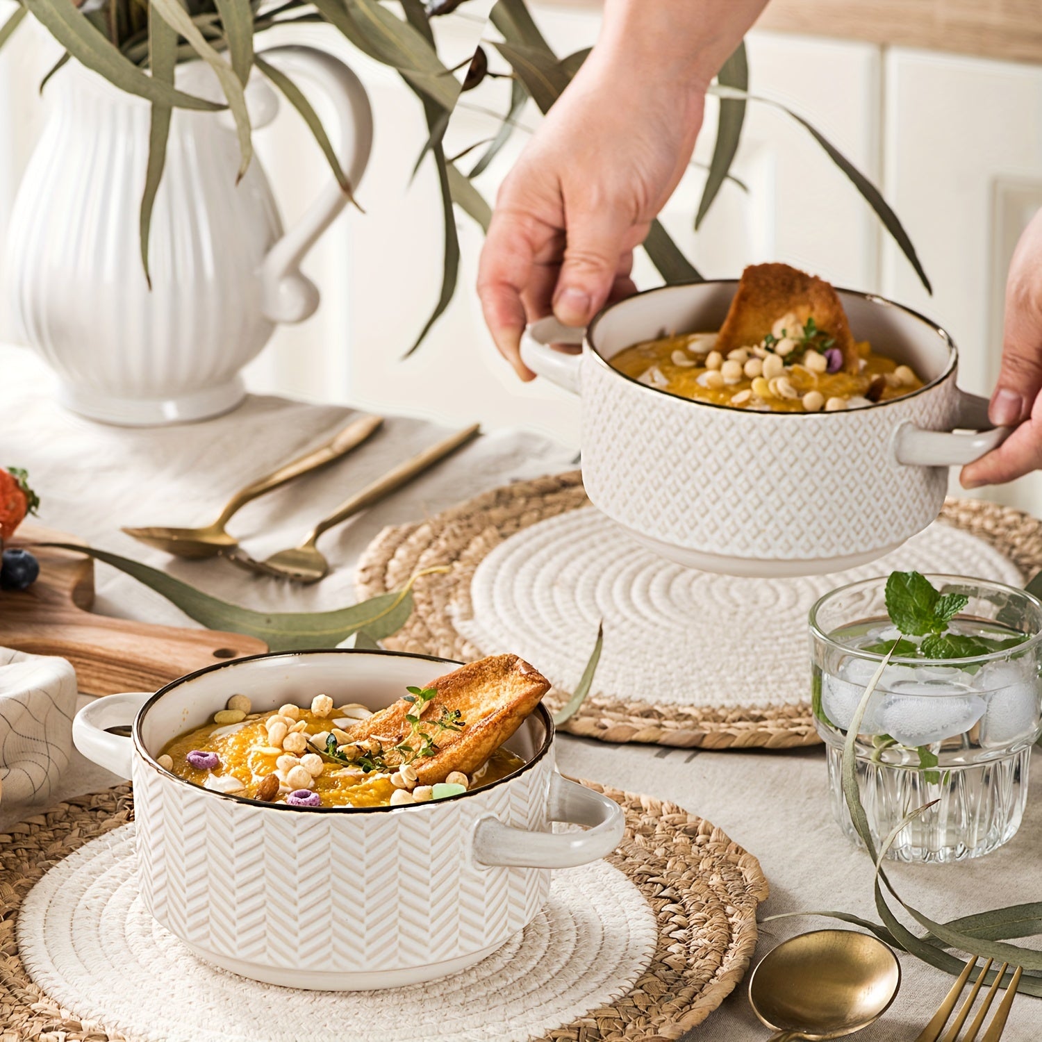 TEMU 4pcs Ceramic Soup Bowls Set - 27oz Crocks With Handles - Embossed Stoneware Bowls For Soup Cereal Beef Stew Chili - Microwave Dishwasher Oven