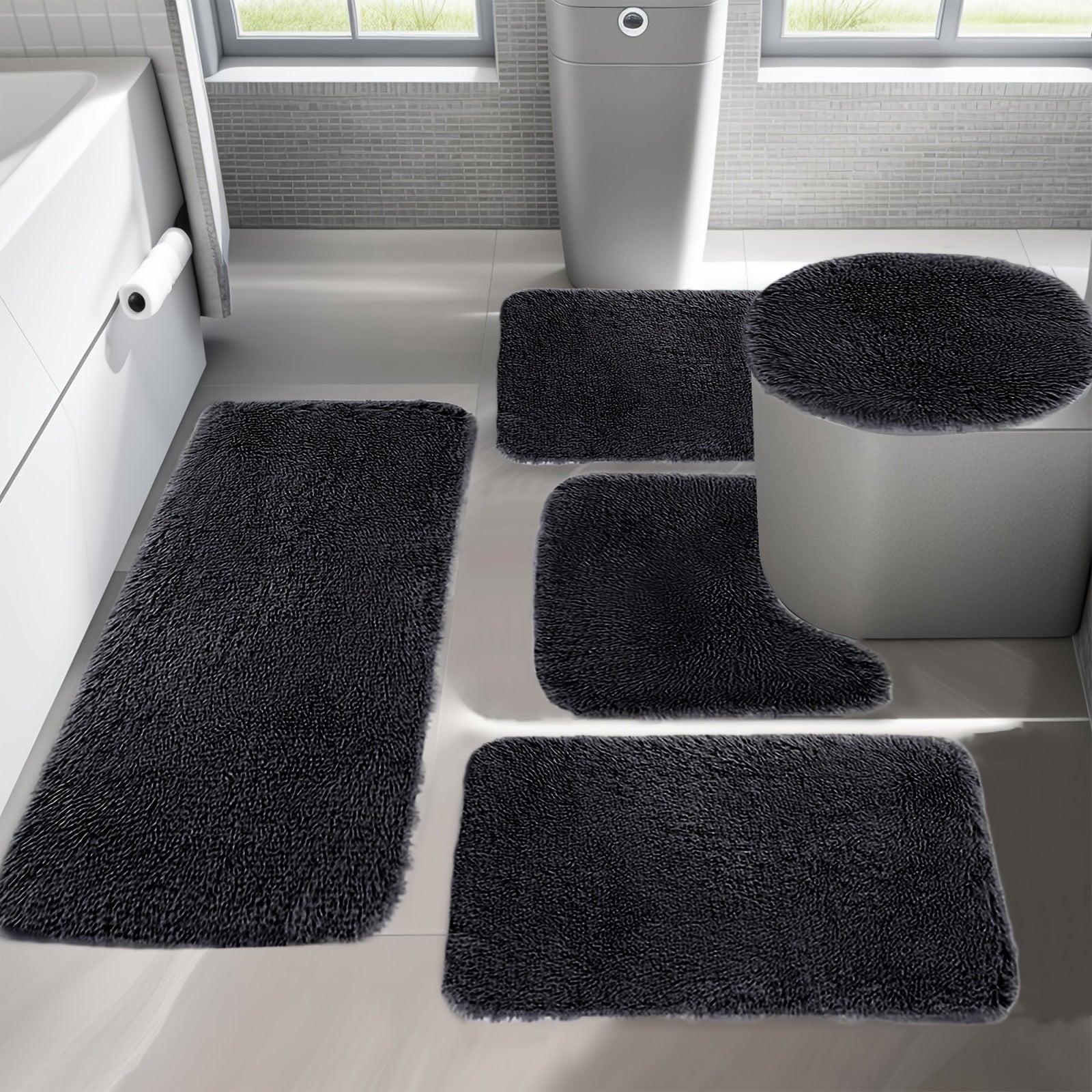 TEMU 5pcs Thick Non-slip Bathroom Rug Set With Toilet Cover - Heavy-duty Rubber Backing & Soft Polyester Surface, Modern Rectangular Bath Mats In