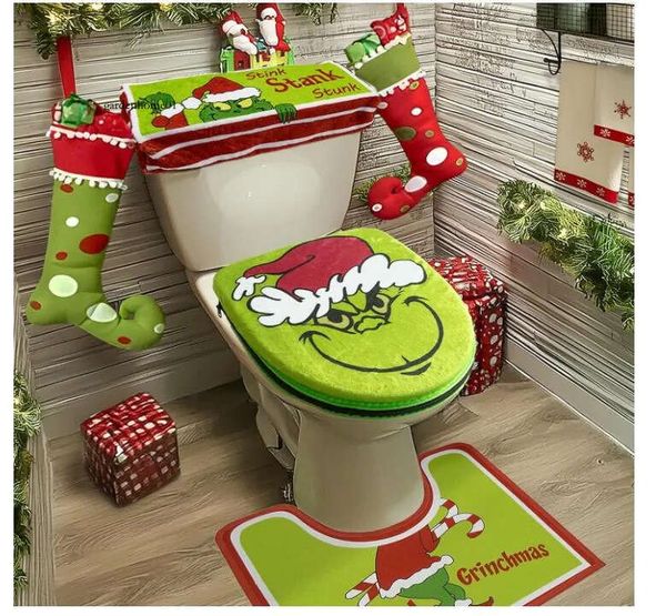 Christmas Decorations Xmas Grinch Green Monster Toilet Seat Cover and Rug for Indoor Home Bathroom Sets of 4 pcs (Red - Green) 1025 1119