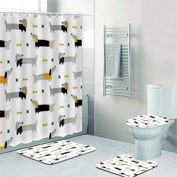 Scandinavian Baby Dachshunds Shower Curtain Set for Kid Bathroom Decor Nordic Sausage Dog Bath Mats Rug Toilet Accessories M240824