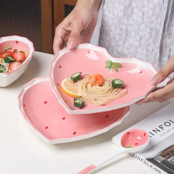 Strawberry Bowl Spoon Plate Set Decorated with High Beauty Girls Favorite Bowl Salad Bowl Dessert Household Tableware Ins Y250208