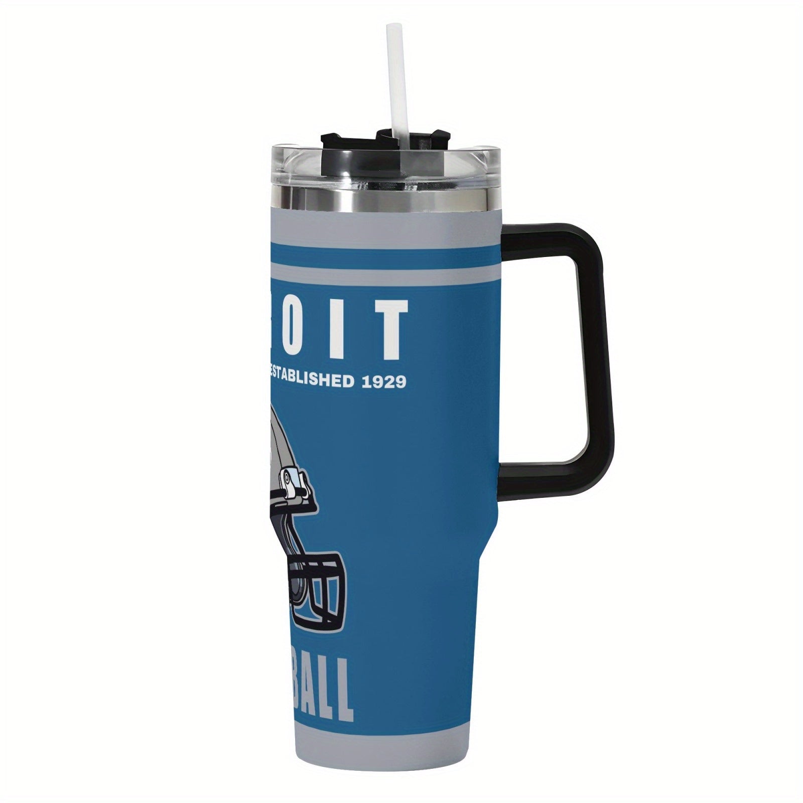 TEMU 40oz Detroit Football Themed With Handle And Straw, Cute Vacuum Insulated Water Bottle For Hot And Cold Drinks, Portable Drinking Cup, Coffee