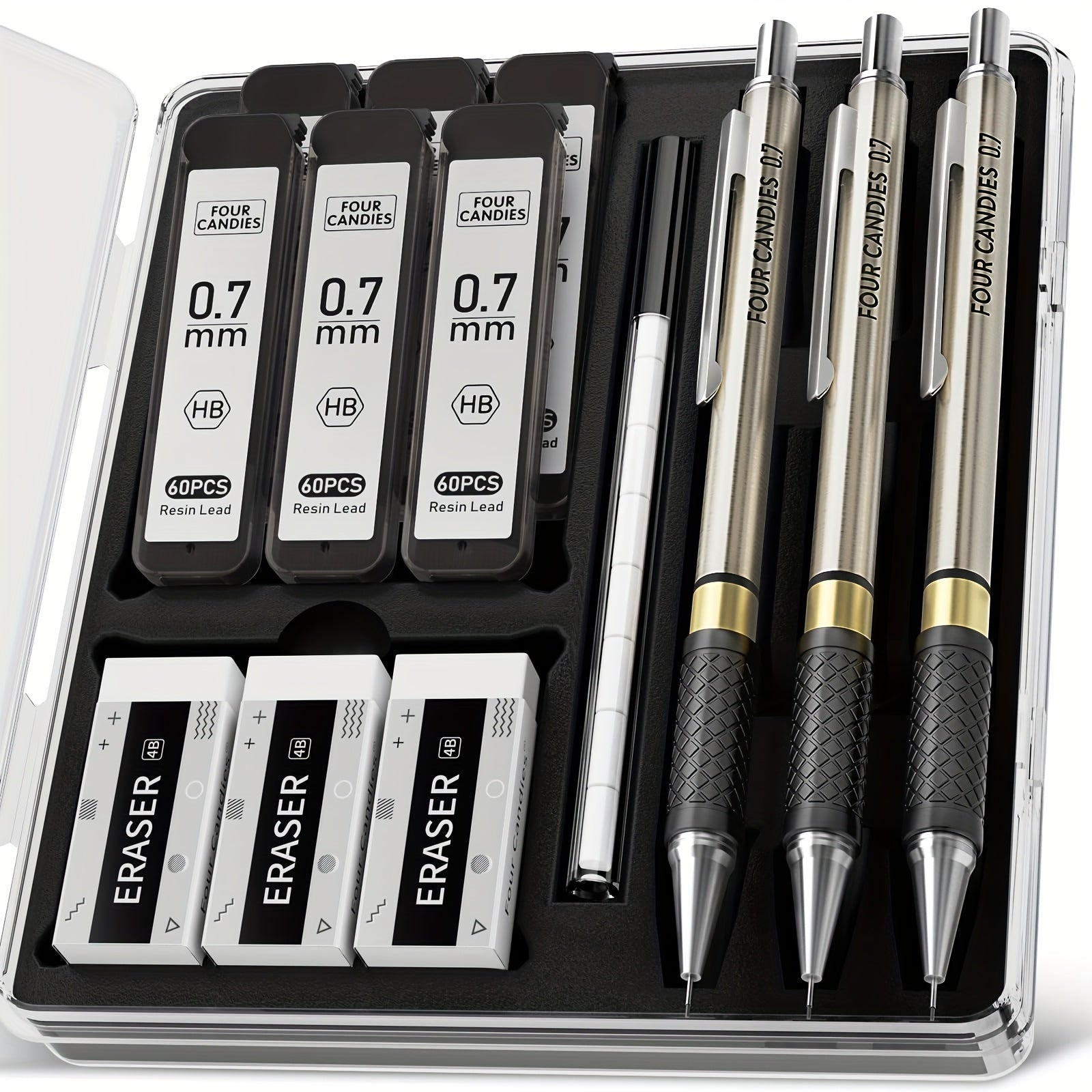 TEMU 4 Candies Metal Mechanical Pencil Set - 3pcs 0.7mm Art Mechanical Pencils & 360pcs Hb Lead Refills & 3pcs Erasers & 9pcs Eraser Refills, Drawing