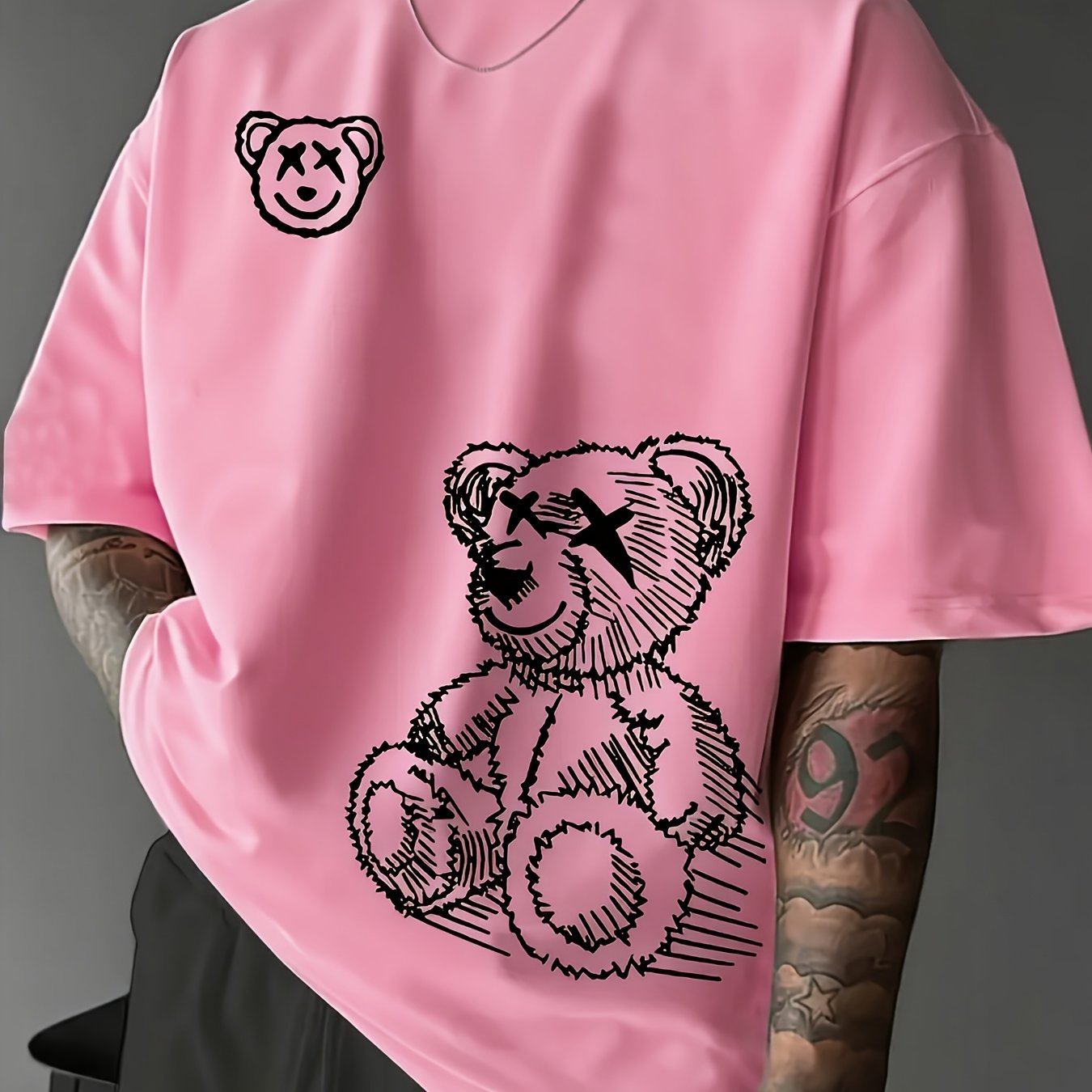 TEMU Men's Casual Bear Pattern T-shirt- Soft Cotton Fiber, Round Neck, Short Sleeve, Summer Fashion Top, Pure Cotton Top, Sports Top, Casual Short