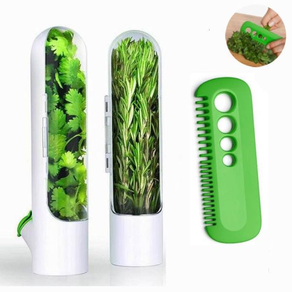 Storage Bottles Jars 2pcs set Vanilla Fresh Cup Kitchen Premium Herb Saver Gadgets Keeping Green Box Leaf Peeler Organizer Container 230418