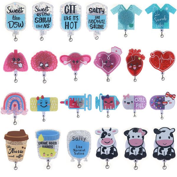 10 Pcs-Lot Key Rings Mix Styke Medical Series Bling Glitter Acrylic Retractable Badge Reel With Alligator Clip For Healthcare Worker Accesso