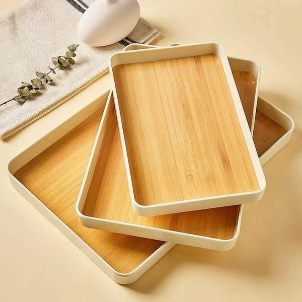 PP Rectangar Plate Tray Teacups Kettle Water Cups Tray Dinner Plate Household Anti-slip Imitation Wood Grain Flat Bott TraysT250205