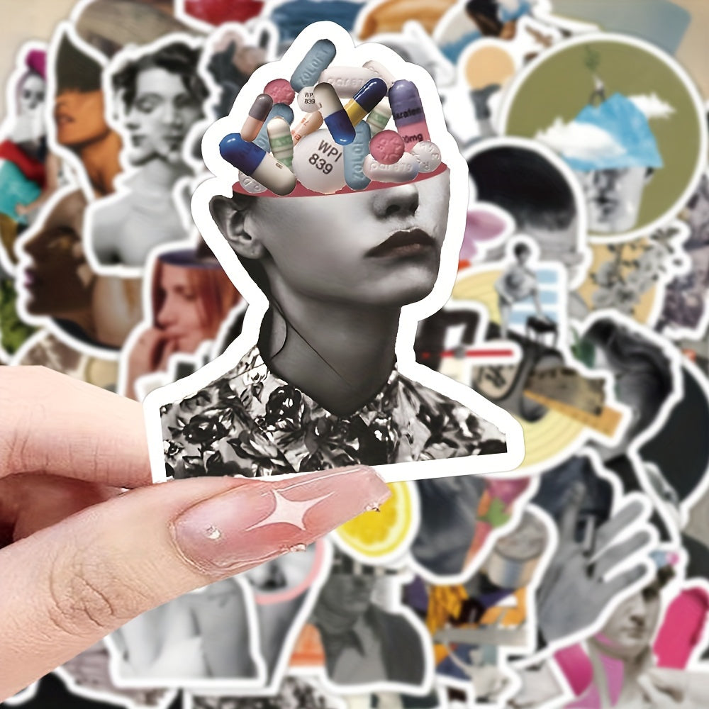 TEMU 60pcs Artistic Abstract Character Stickers, Creative Fashion Graffiti Decals, Black & White, Self-adhesive Paper - Ideal For Diy Projects &