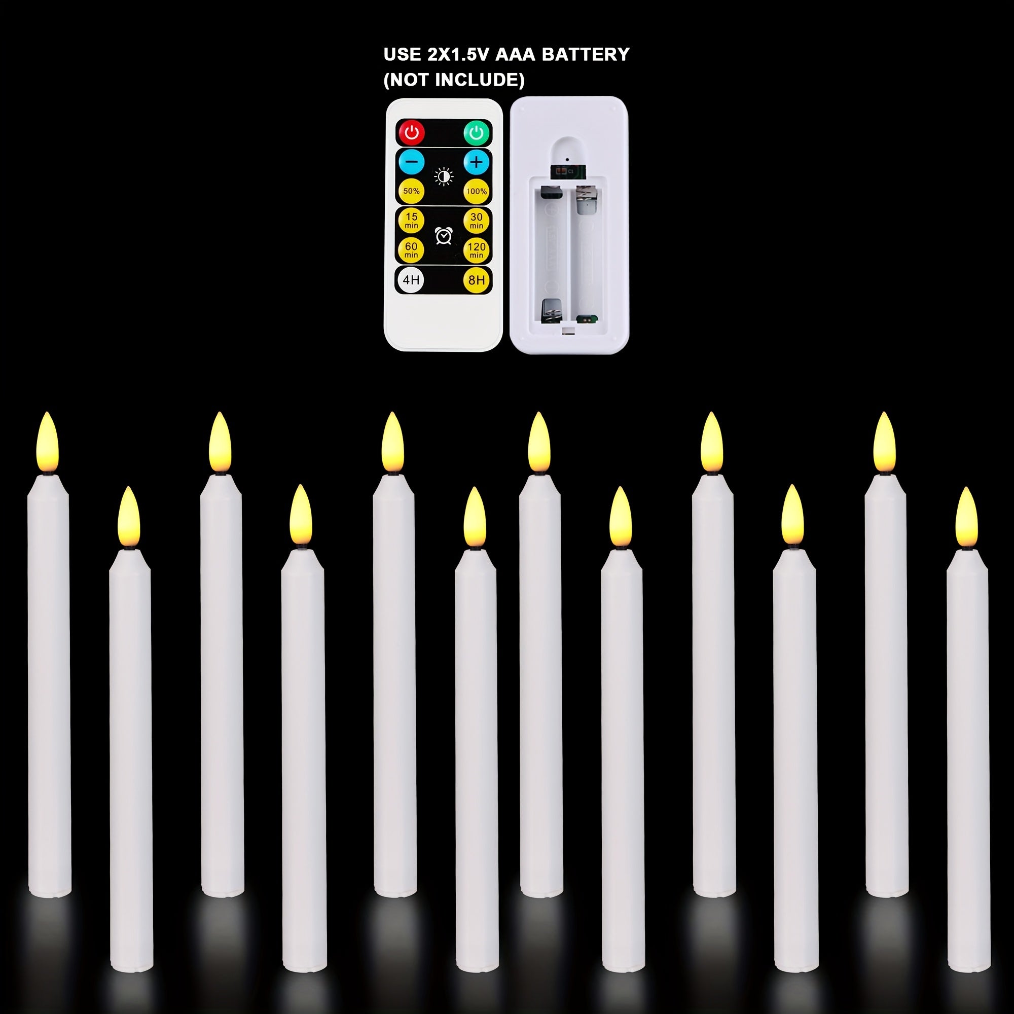 TEMU Max 2500hours 12 Pack 9 Inch Decorative Led Taper Candles With Remote Control, Flameless Candles, Used For Hallway, Bathroom, By 2*aa Batteries