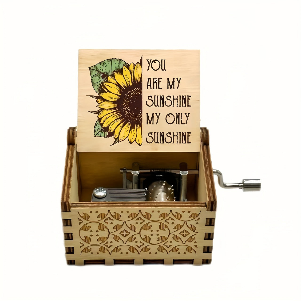 TEMU 1pc Vintage Box With Hand-crank - Manual Mechanism, Brown & Golden Retro Decorative Box With Sunflower Lid, Artificial Wood Tabletop Decor For