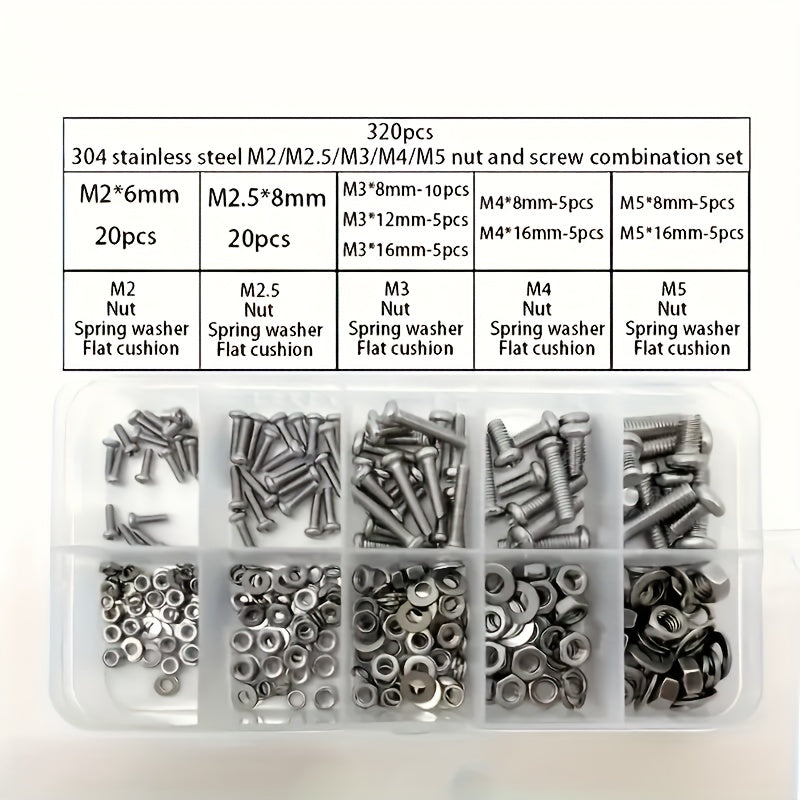 TEMU 320pcs Set 304 Stainless Steel Bolts, Nuts And Washers With Head, M2 M2.5 M3 M4 M5, Suitable For Machine Screws Connecting Bicycles, Furniture,