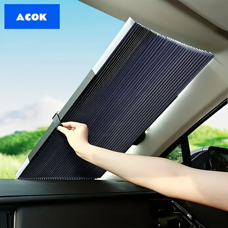 TEMU 1pc Automatic Retractable Car Sunshade - Uv Resistant & Heat Insulating Aluminum Shade Curtain With -on Installation, Foldable Design For Front