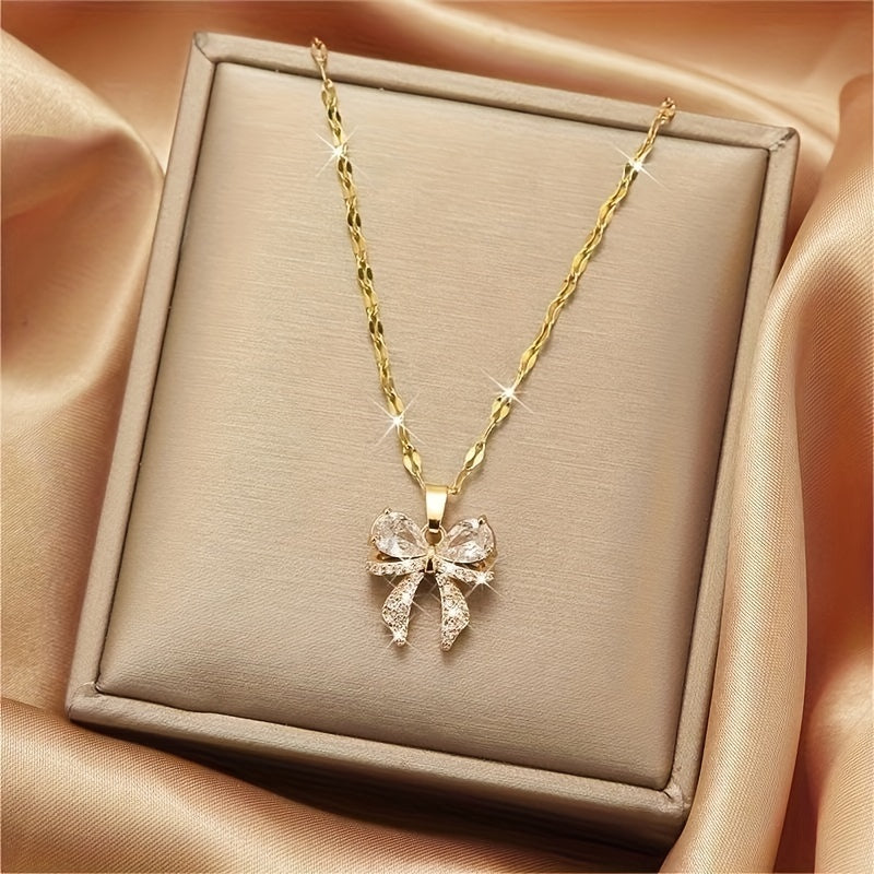 TEMU Exquisite, Fashionable And Light Luxury Princess Style Shiny Transparent Zircon Bow Pendant Necklace, Perfect Gift For Girls And Ladies On