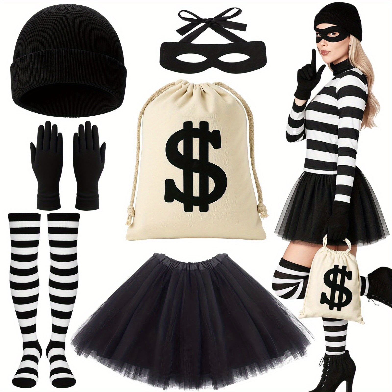 TEMU 6pcs Set Of Women's Costume, Including Short Skirt, Hat, Gloves, Eye Mask, Canvas Wallet, Striped Socks, Suitable For Adult Halloween