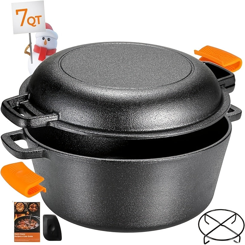 TEMU 2-in- Iron Cookware Set (dutch Oven + ) - Holiday For Halloween & Christmas Prep, Stovetop, Oven & Campfire Safe With Heat-resistant Silicone