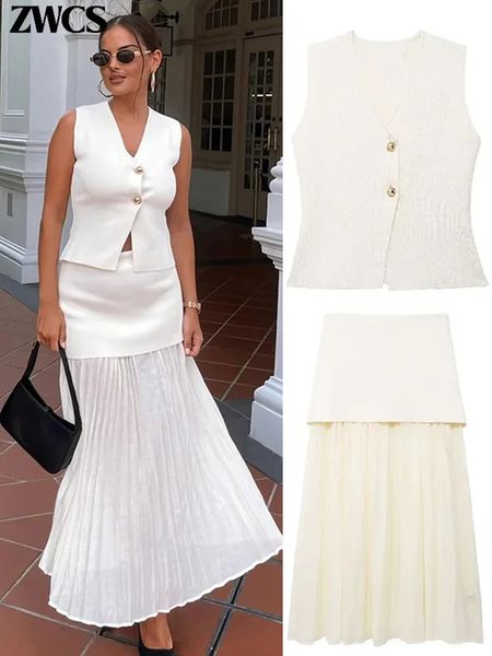 Elegant Knit Vest Patchwork Skirts Suit Women Slim Single-breasted Sleeveless Waistcoat Pleated Midi Skirt 2024 Summer Lady Set 240726