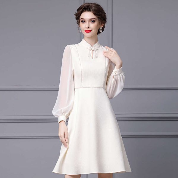 Chinese Style Standing Collar Dress with High-end Luxury Temperament Nail Drill High Waist and Large Swing A-line Skirt Autumn New Collectio