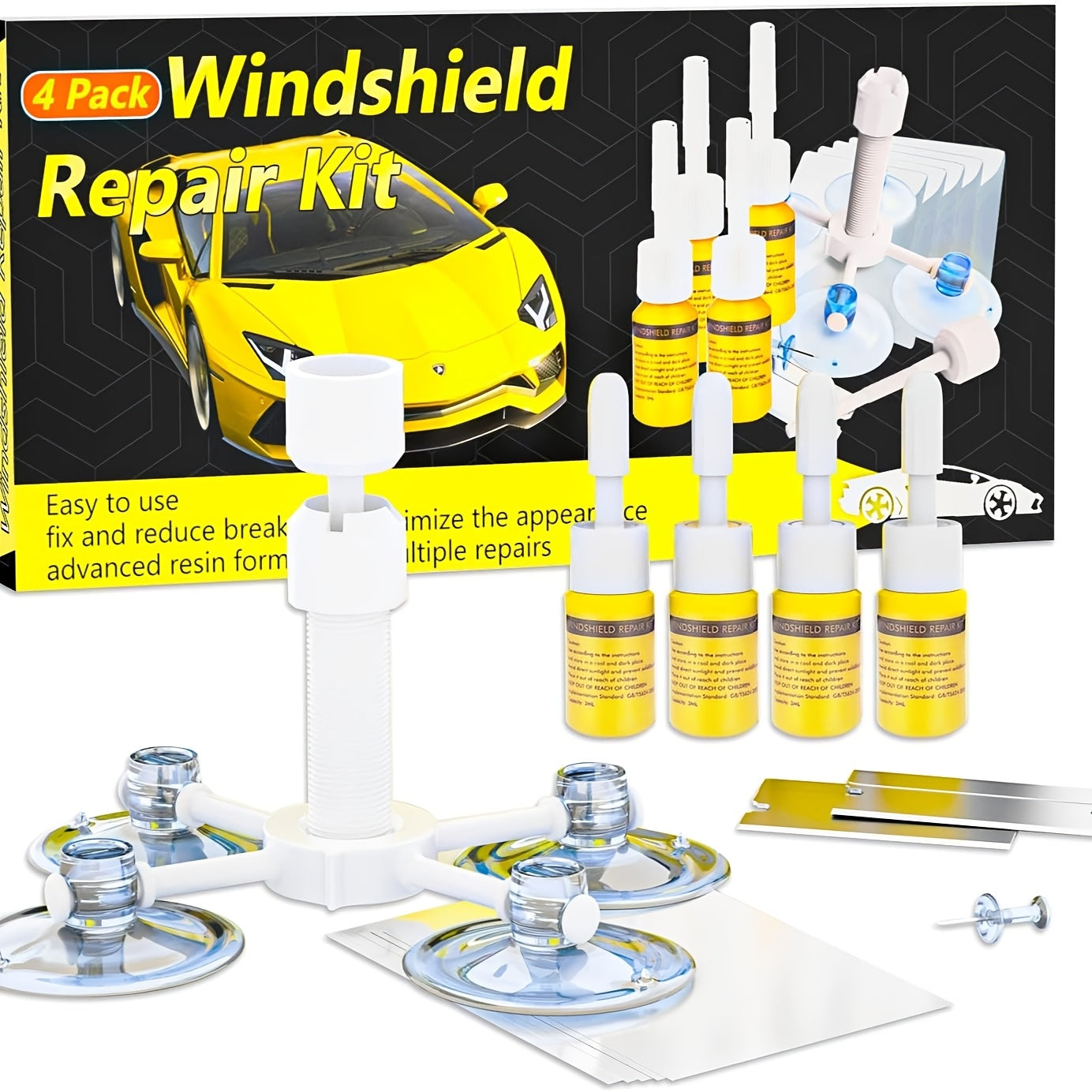 TEMU 4pcs Windshield Repair Kit With Pressure Syringe - For Chips, & Star-shaped Damage - Easy Diy Car Glass Repair Tool Set