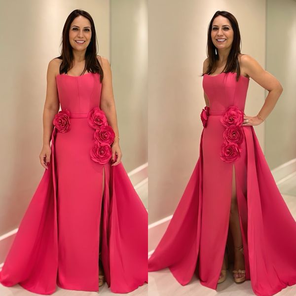 Chic pink appliqued Mother Of The Bride Dresses with overskirts strapless Wedding Guest Dress split long Evening Gowns
