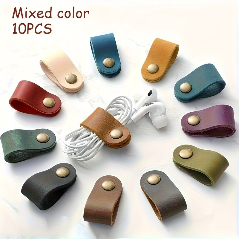 TEMU 10pcs Leather Cable Organizers With Metal Clips - (blue, Green, Red, Beige, Brown) For Headphone Cables, Headphone Jacks & Cord Management -
