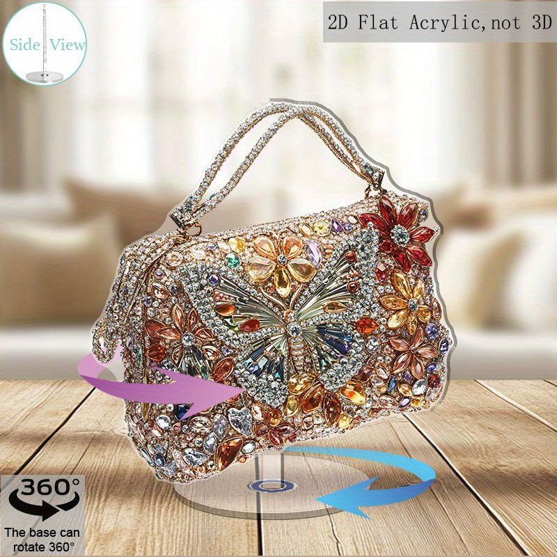TEMU 2d Flat, 1pc 2d Flat Rotating Acrylic Desktop Relax Ornament - Luxury Evening Bag Design With & Floral Embellishments, Vibrant Gemstone Accents,