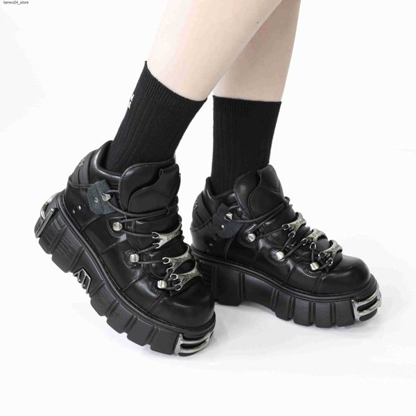 Boots New 2024 Punk Style Women Shoes Lace-up heel height 6CM Platform Shoes Woman Rock Boots Metal Decor Woman Sneakers H250113