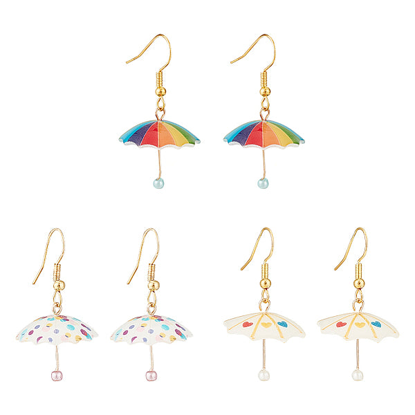3 paire de boucles d'oreilles pendantes en acrylique 3D en forme de parapluie