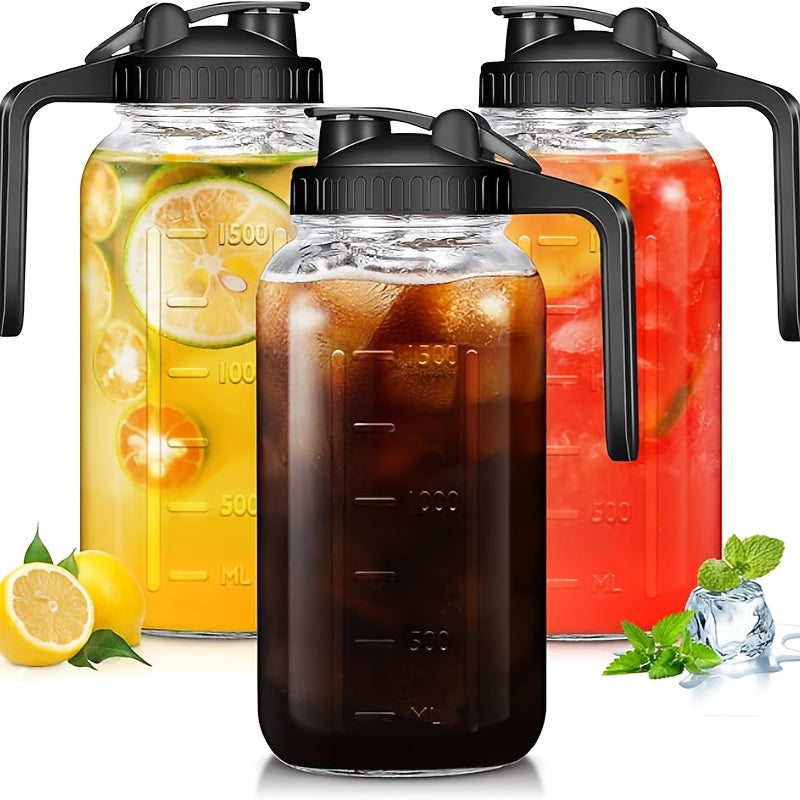 TEMU 3 Packs 64oz Glass Pitcher With Lid, Wide Mouth Mason Jar Water Jug, Leak-proof Airtight Mason Jar For Cold Brew Coffee, Iced Tea, Milk, Food