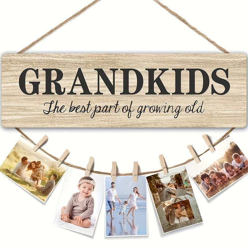 TEMU 2d Flat Printing, 1pc Rustic Grandkids Photo Frame, Wooden Hanging Photo Frame Photo Clip, Family Photo Collage Wall Decoration, With 8 Wooden
