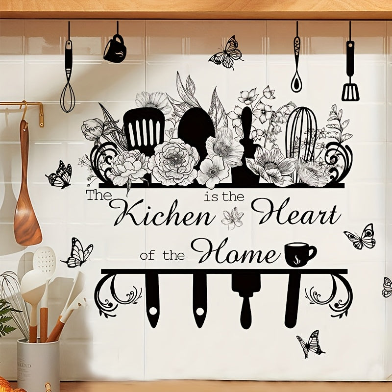 TEMU [home Relaxation] Creative Black Kitchen Utensil, Flower & Wall Decal - "the Kitchen Is Of The Home" Quote, Removable Pvc Sticker For Living