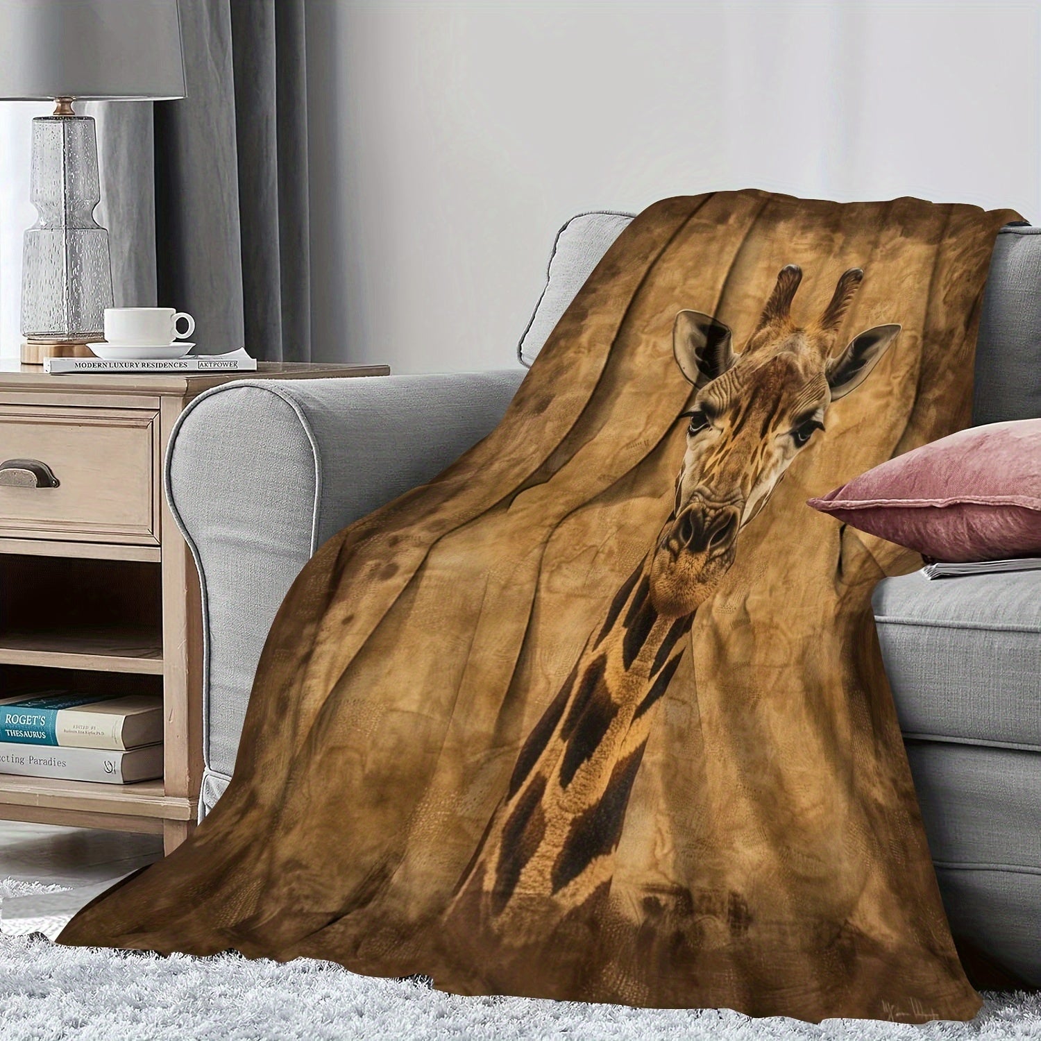 TEMU 1pc Bohemian Giraffe Print Flannel Blanket - Soft Cozy Throw For Bed, Couch, Or Decorative Accent - Gift For Daughter With Earthy Brown & Beige