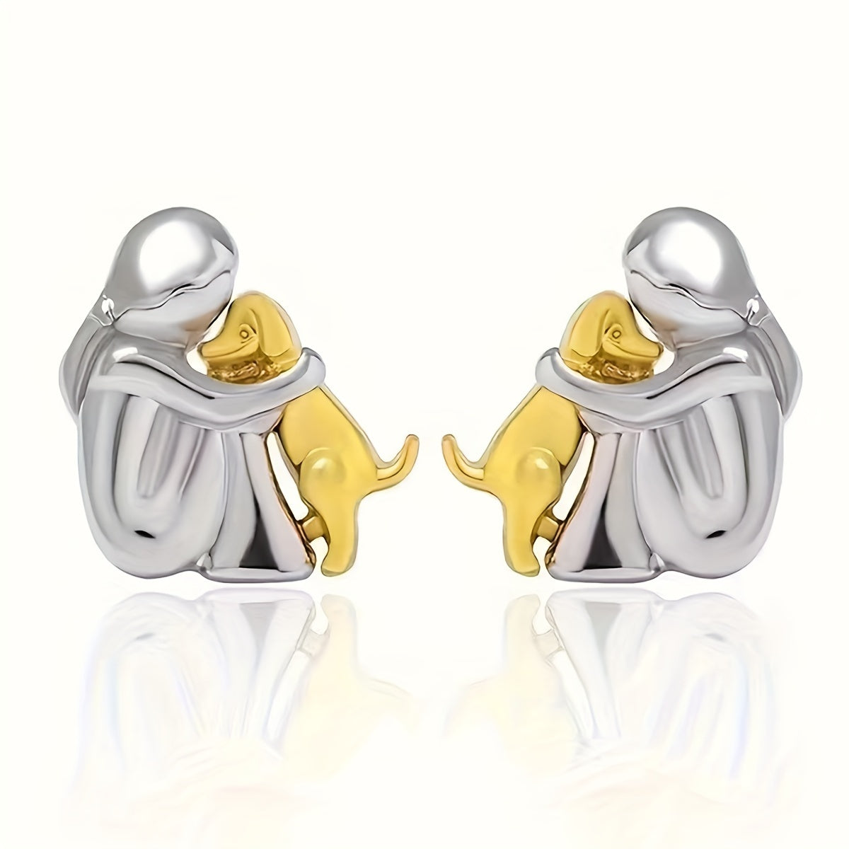 TEMU Pair Of Cute Hugging Dog Earrings - White Golden-plated Metal Studs, Whimsical For Casual Attire, Parties & Special Occasions - Women's Fashion