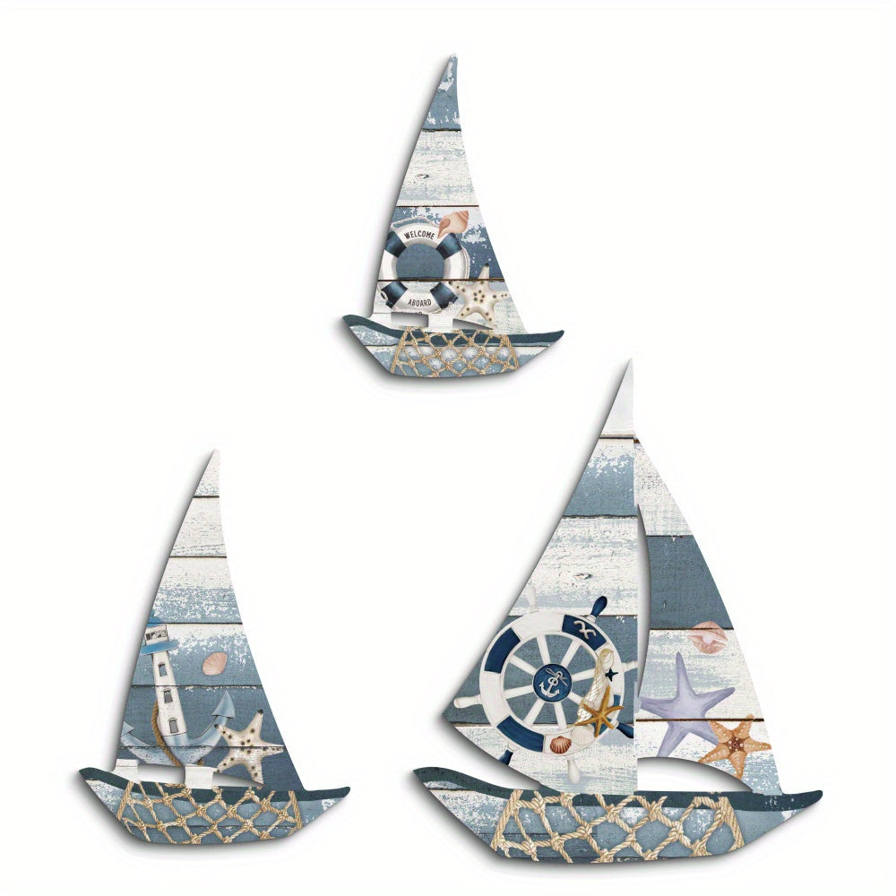 TEMU 3pcs Nautical Sailboat Wall Art - Whimsical Sailing Ship Decor With Anchor, Compass, And , Ideal For Home, Farmhouse, Coffee Shop, Bar, Pub,