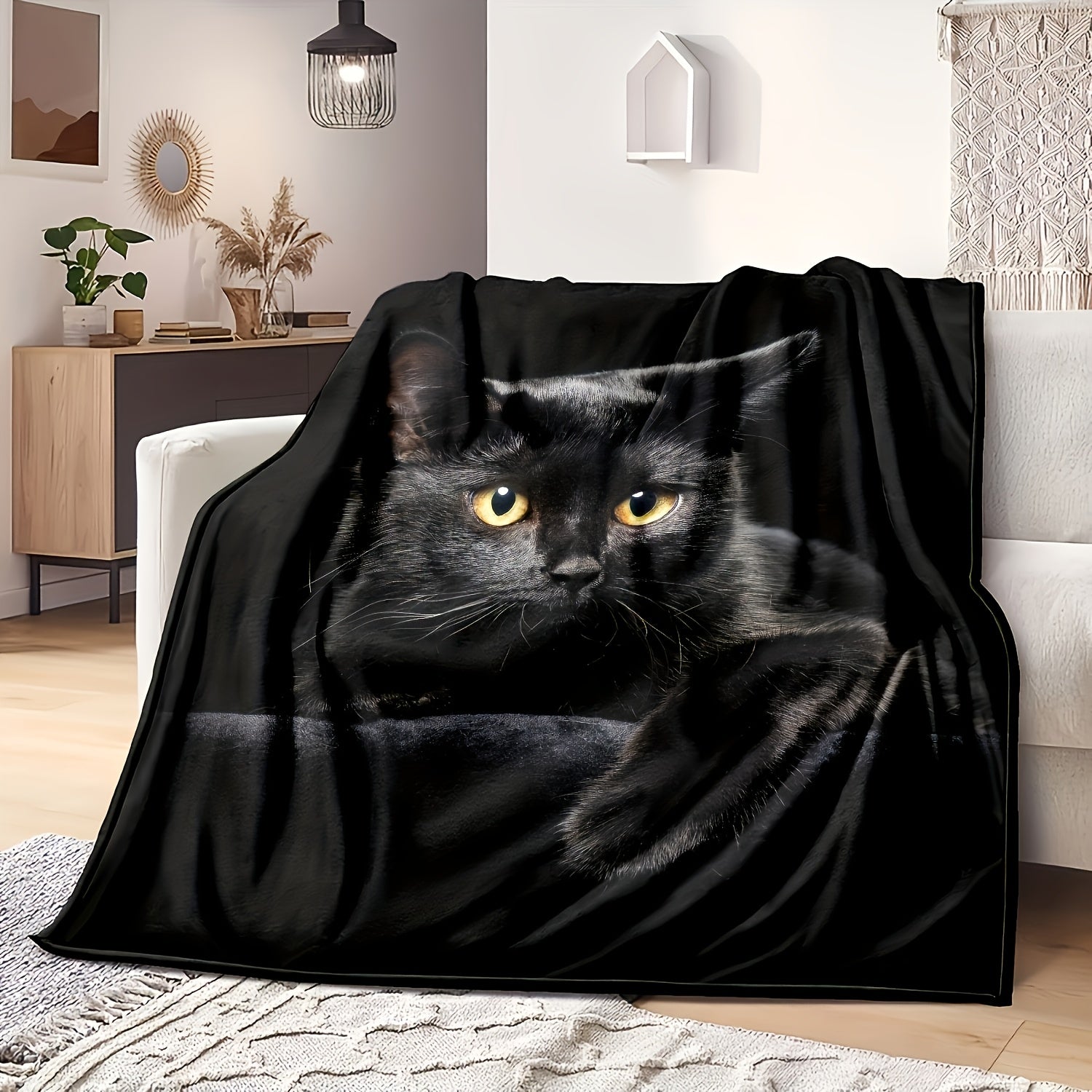 TEMU 1pc Ultra Cozy Super Soft Black Cat Print Flannel Blanket - Throws For And Snugness - Perfect Luxurious Gift For Couch, Sofa, Bed, Camping &